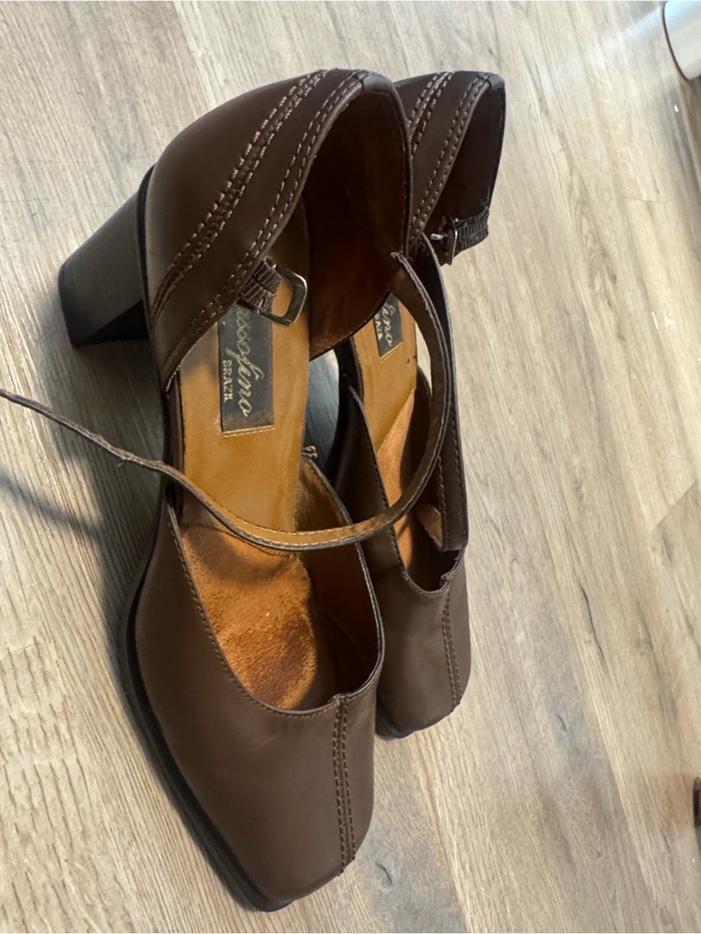 Vintage Passofina Women's Brown Genuine Leather Mary Jane Heels with Strap